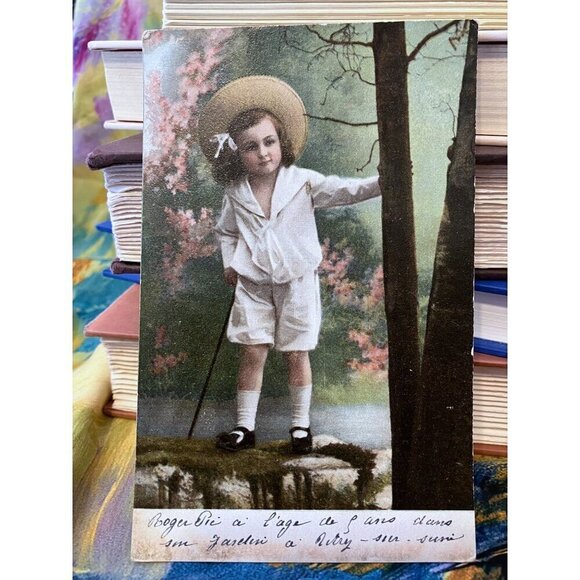 Antique French Postcard Little Sailor Boy Birthday RPPC Hand Tinted Landscape - Picture 1 of 7